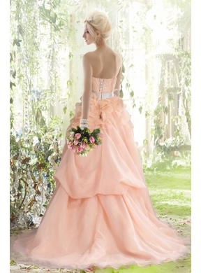 Peach Princess Court Train Strapless Ruffles Wedding Dresses