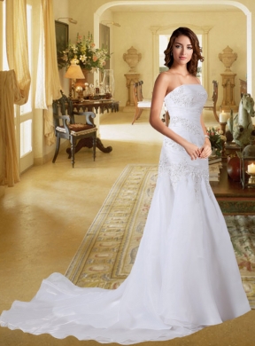 Popular Mermaid 2015 Strapless Brush Train Wedding Dresses with Appliques