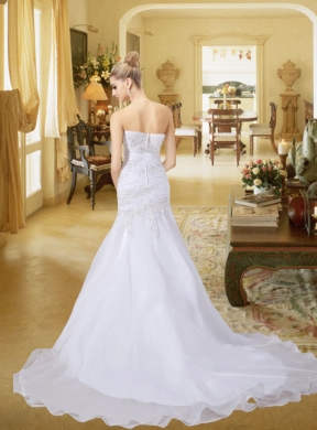 Popular Mermaid 2015 Strapless Brush Train Wedding Dresses with Appliques