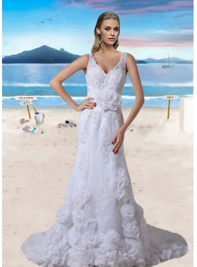 Popular V Neck 2015 Court Train Wedding Dress with Beading