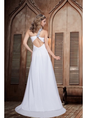 Simple One Shoulder Brush Train Backless Wedding Dress with Appliques