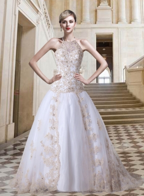 Tulle Ball Gown Halter Court Train Lace Up Appliques Exclusive Wedding Dress for 2015