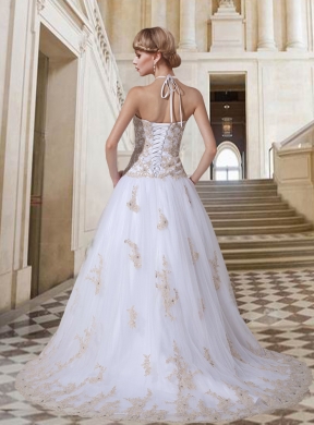 Tulle Ball Gown Halter Court Train Lace Up Appliques Exclusive Wedding Dress for 2015