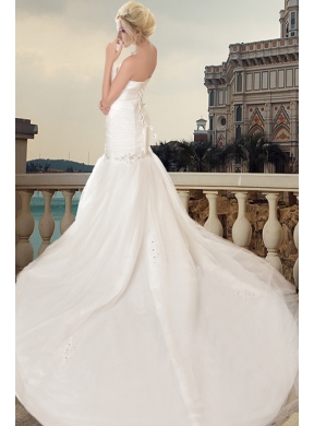 Wonderful Strapless A Line Chapel Train Wedding Dress with Beading