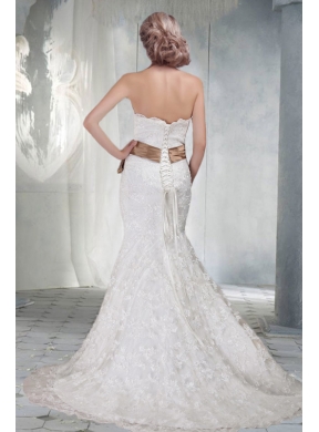 2014 Popular Mermaid Strapless Lace Wedding Dress with Sash