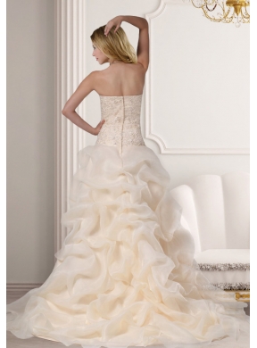 A Line Embroidery Sweetheart Brush Train Wedding Dress in Champagne