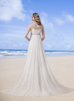 Beach Scoop Empire Brush Train Wedding Dress with  Beading