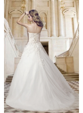 Classical Lace Strapless A Line Court Train Wedding Dress with Appliques