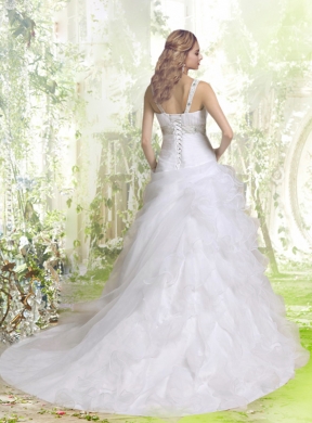 Elegant A Line Beading and Ruffles Wedding Dress with V Neck