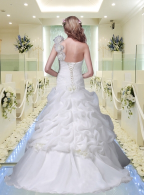 Elegant One Shoulder Brush Train Hand Made Flowers Wedding Dresses