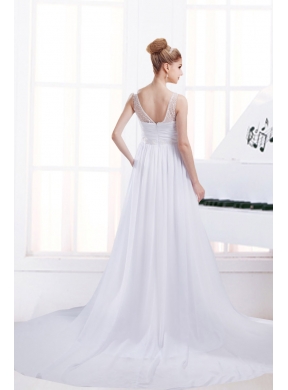 Fashionable A Line V Neck Ruching Wedding Dresses with Chapel Train