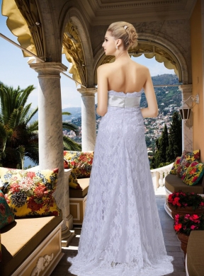 Luxurious Column Strapless Lace Wedding Dress with Sweep Train