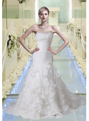 Mermaid Ruching and Ruffles White Wedding Dresses with Court Train