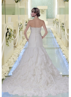 Mermaid Ruching and Ruffles White Wedding Dresses with Court Train