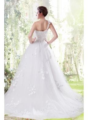 Princess One Shoulder Appliques Wedding Dress with Court Train