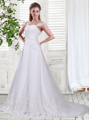 Sweet A Line Straps Court Train Wedding Dress with Lace