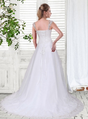 Sweet A Line Straps Court Train Wedding Dress with Lace