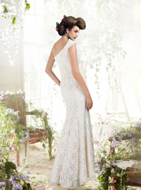 White Column One Shoulder Lace Beading Wedding Dress with Floor Length