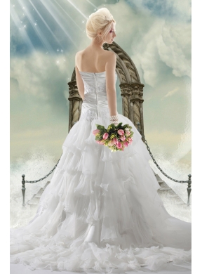 2014 A Line Court Train Appliques Wedding Dresses with Strapless