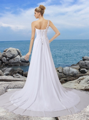 A Line One Shoulder Court Train Wedding Dress with Appliques