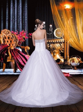 Cute A Line Strapless Chapel Train Beading Wedding Dress with Beading