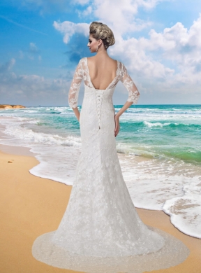 Mermaid V Neck Half Sleeves Wedding Dress with Brush Train