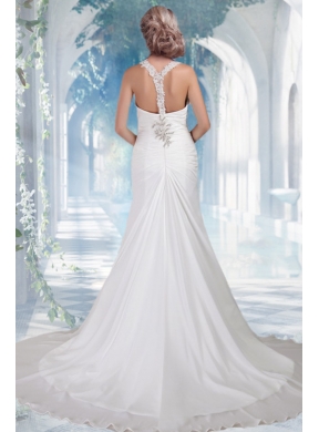 Beach Column V Neck Chapel Train Beading Wedding Dresses