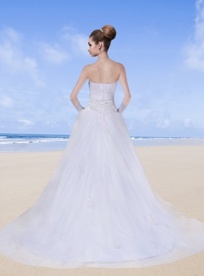 Beading A Line Strapless Garden Outdoor Wedding Dresses with Zipper Up