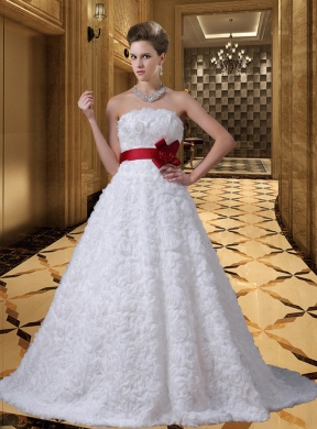 Beautiful Strapless Sashes Brush Train Rolling Flower Wedding Dresses