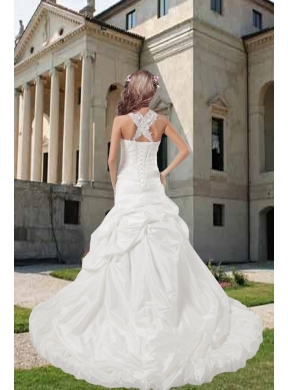 Beautiful Straps Court Train Appliques Wedding Dress with Criss Cross