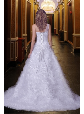 Fashionable A Line One Shoulder Court Train Appliques Wedding Gowns