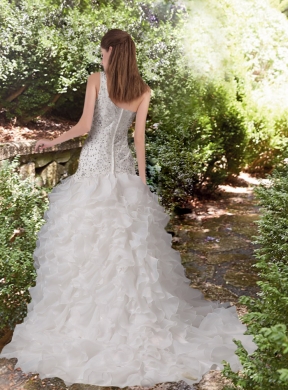 Gorgeous Ruffles A Line One Shoulder Court Train  Beading Wedding Dress