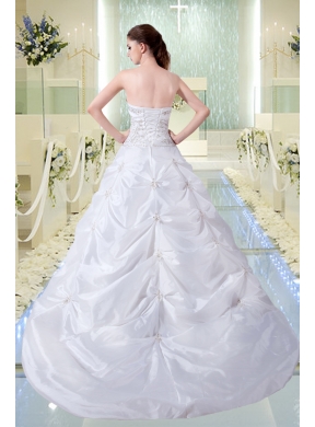 Modest A Line Strapless Court Train Wedding Dress with Embroidery