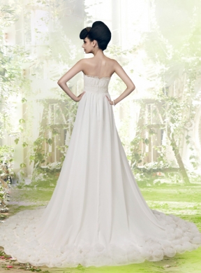 Romantic A Line Strapless Court Train Wedding Dresses with Hand Made Flowers