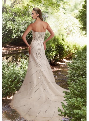 Sequins Column Beach Appliques Wedding Dress with Court Train