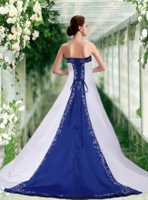 Sophisticated Strapless A Line Court Train Wedding Dress with Embroidery