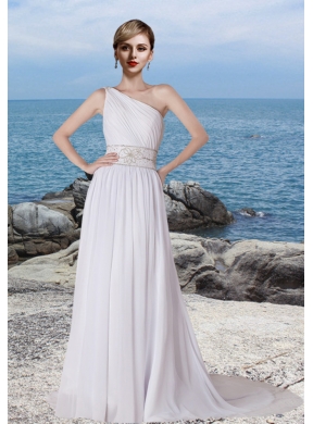 Sturning One Shoulder Column Court Train Wedding Dress with Beading