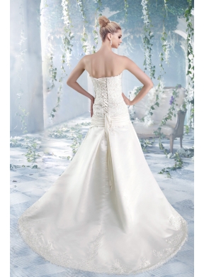 2015 Elegant A Line Strapless Brush Train Lace Wedding Dresses