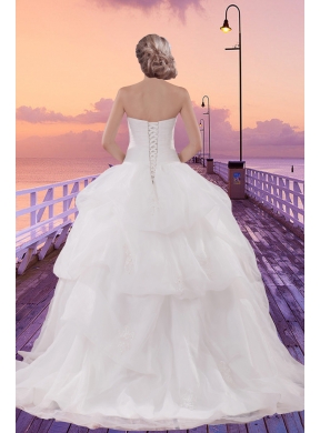 Beautiful Brush Train Ball Gown Wedding Dress with Appliques