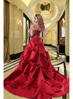 Chapel Train Princess Embroidery Wedding Dress in Wine Red