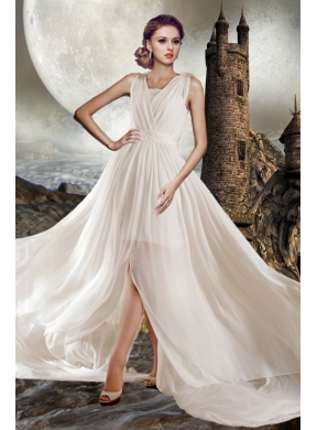 Elegant Empire V Neck Court Train Wedding Dress for Beach