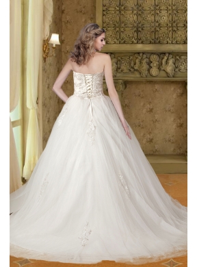 Gorgeous A Line Strapless Appliques Wedding Dresses with Chapel Train