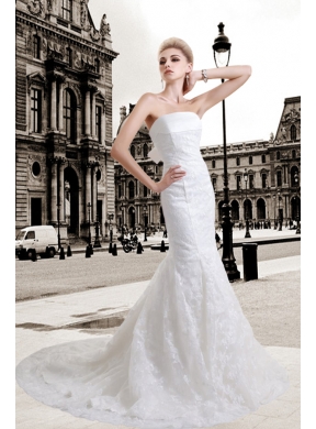 Lace Mermaid Strapless Court Train Wedding Dress with Zipper Up