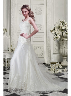 Low Price Straps Wedding Dresses with Appliques and Lace