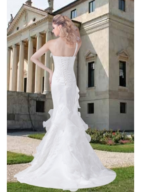 One Shoulder Ruffles Mermaid Appliques Wedding Dresses for 2014