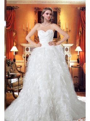 Princess Sweetheart Chapel Train Beading Unique Wedding Dress with Ruffles