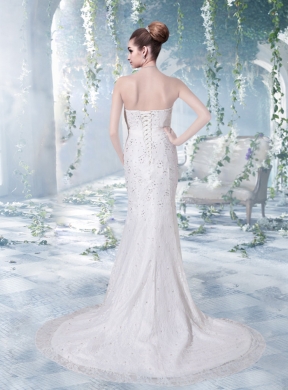 Sweetheart Lace and Elastic Woven Satin Court Train Sheath Wedding Gowns With Beading