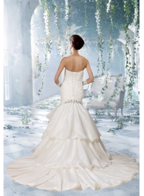 2014 Mermaid Chapel Train Beading Ruffles Wedding Dresses with Sweetheart