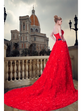 2015 Romantic Red Strapless Cathedral Train Beading and Sash Wedding Dress