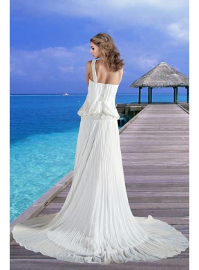 Cheap One Shoulder Pleat Wedding Dress with Court Train for Beach